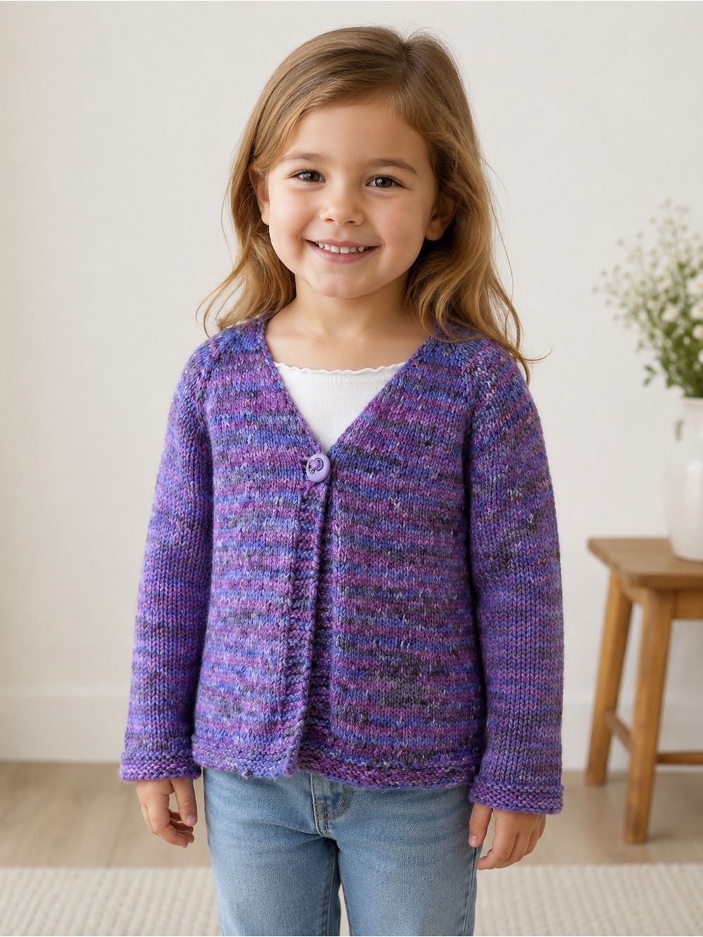 Handmade Girls Purple Pink Knit Cardigan Sweater Size 4T